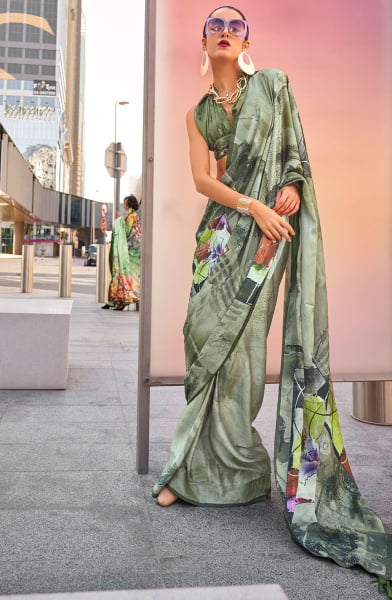 Sage Green Digital Print Swiss Satin Saree