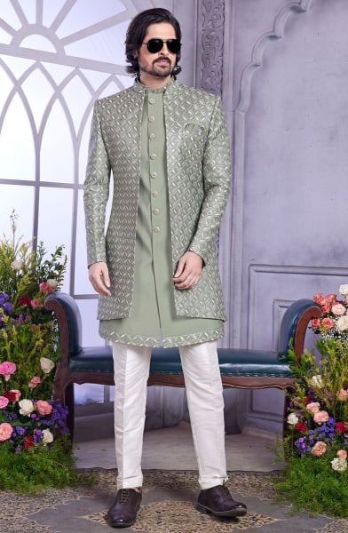 Sage Green Embroidered Art Silk Indo Western