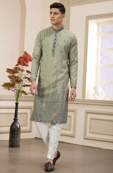 Sage Green Embroidered Art Silk Kurta Set