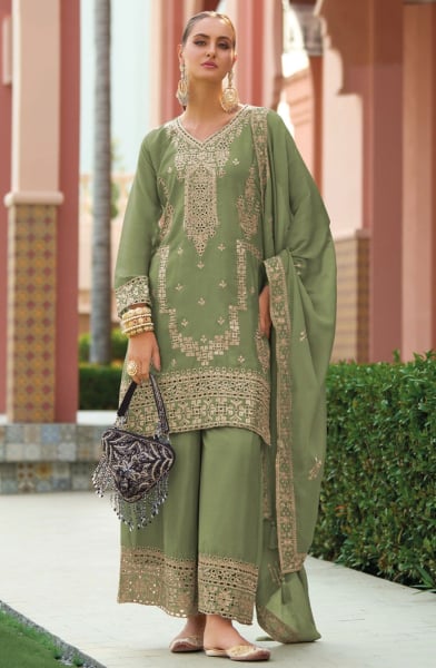 Sage Green Embroidered Chinnon Silk Palazzo Kameez
