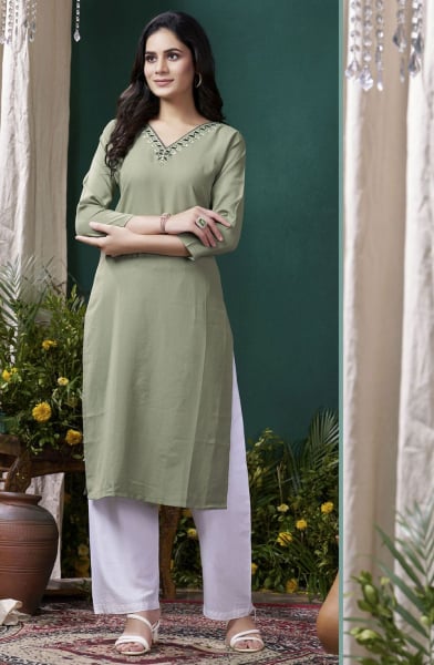 Sage Green Embroidered Cotton Kurti with Bottom