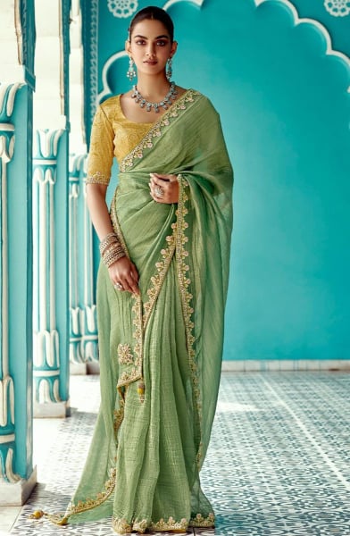 Sage Green Embroidered Designer Saree for Wedding