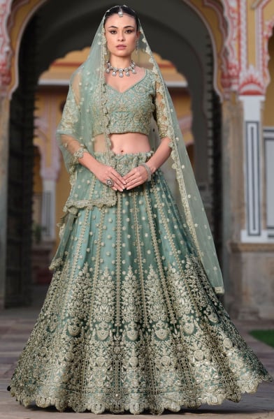 Sage Green Embroidered Net Bridal Lehenga Choli