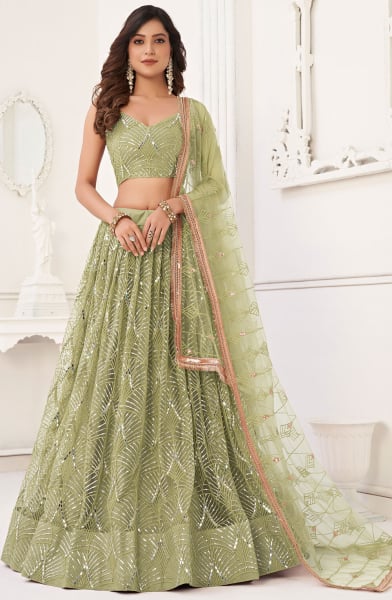 Sage Green Embroidered Net Lehenga Choli