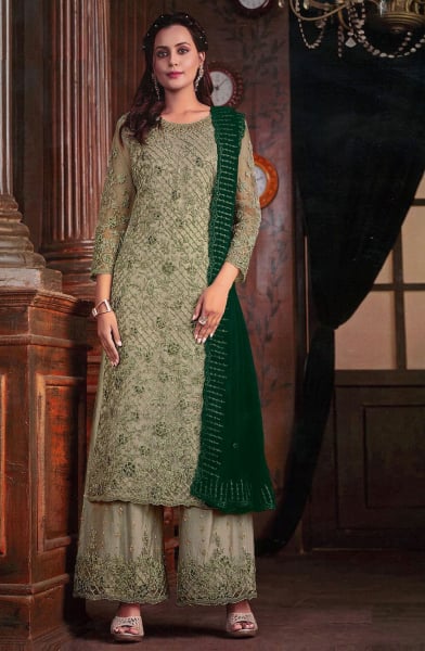 Sage Green Embroidered Net Palazzo Kameez