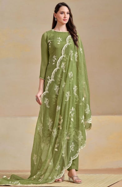 Sage Green Embroidered Organza Chiffon Pant Kameez