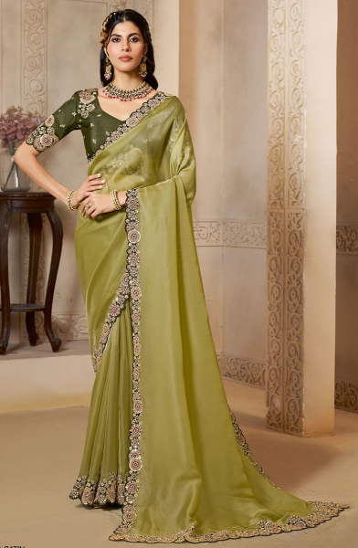 Sage Green Embroidered Organza Satin Saree