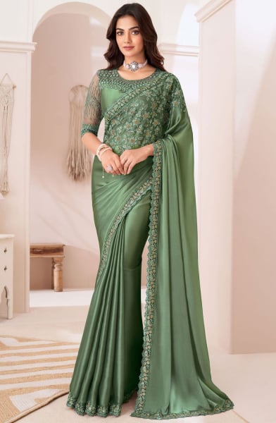 Sage Green Embroidered Saree with Designer Blouse