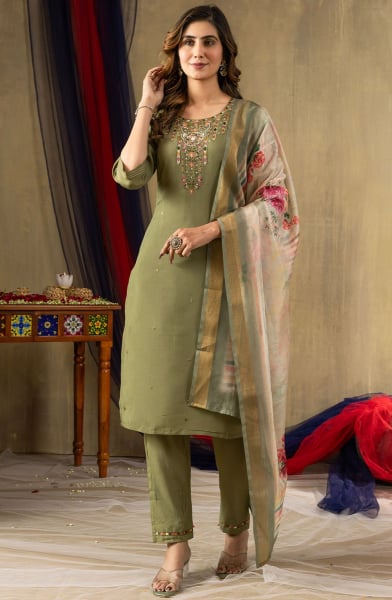 Sage Green Embroidered Shimmer Silk Pant Kameez