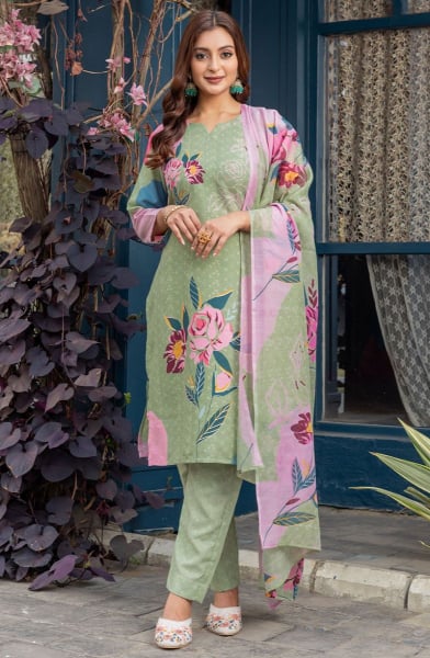 Sage Green Floral Print Cotton Blend Pant Kameez