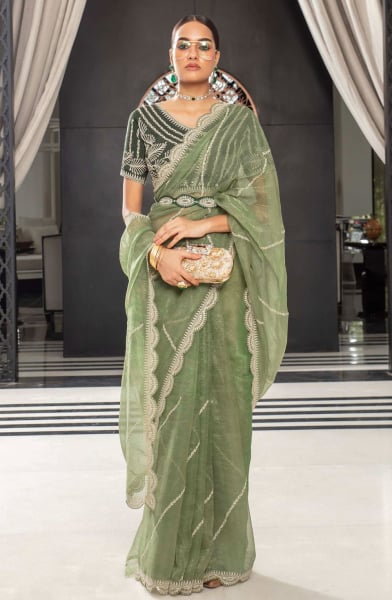 Sage Green Organza Saree with Embroidered Blouse