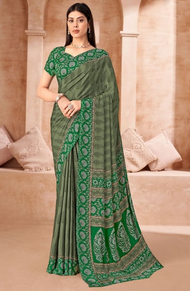 Sage Green Printed Crepe Casual Saree