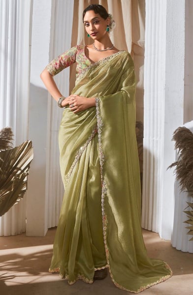 Sage Green Sequins Embroidered Tissue Organza Saree