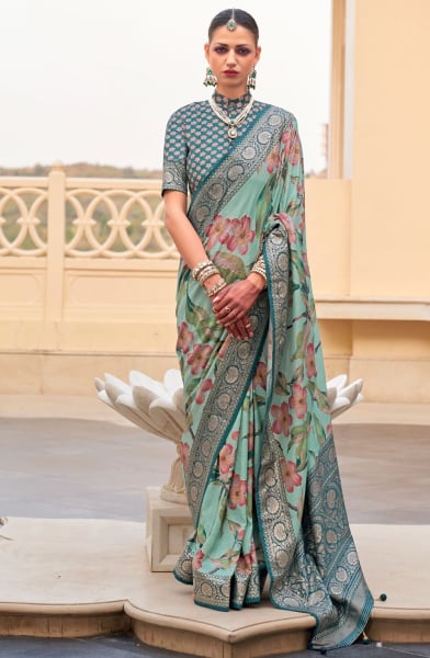 Sage Green Silk Floral Printed Saree