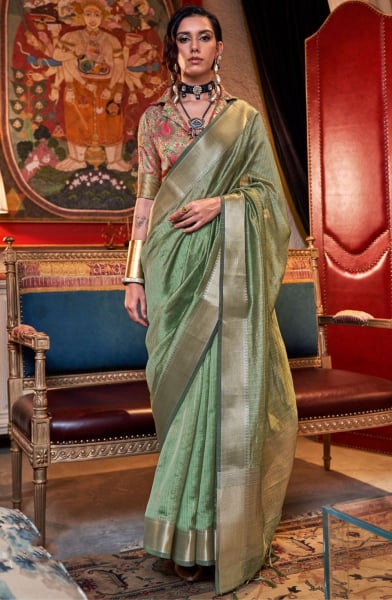 Sage Green Woven Moss Chiffon Saree