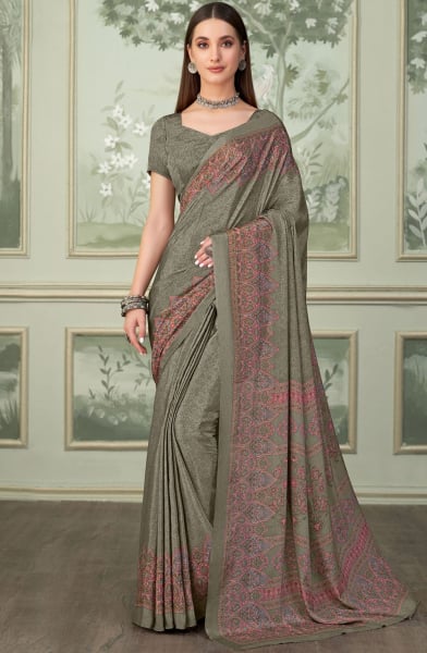 Sage Grey Digital Print Silk Crepe Saree