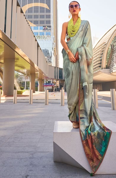 Sage Grey Digital Print Swiss Satin Saree