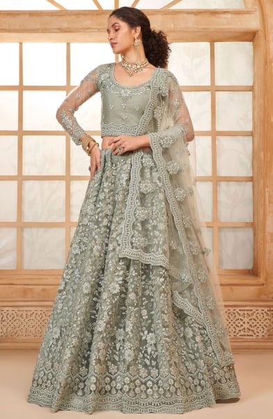 Sage Grey Embroidered Net Designer Lehenga Choli