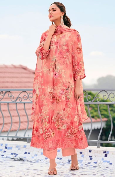 Salmon Embroidered Georgette Pant Kameez