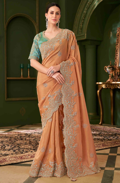 Salmon Orange Embroidered Pure Viscose Georgette Silk Saree
