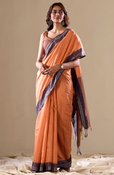 Salmon Orange Handloom Cotton Saree