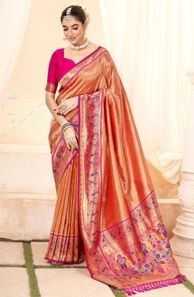 Salmon Orange Handloom Paithani Tissue Silk Saree