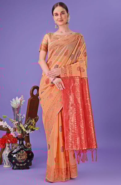 Salmon Orange Linen Cotton Saree for Festival