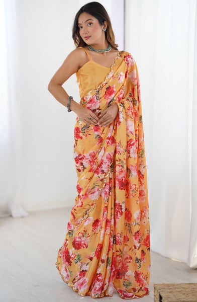 Salmon Orange Printed Chinnon Casual Saree