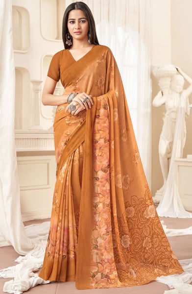 Salmon Orange Printed Georgette Casual Wear Saree