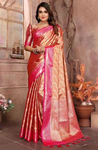 Salmon Orange Woven Handloom Tissue Silk Saree