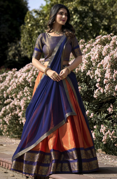 Salmon Orange Zari Woven Kanchipuram Silk Lehenga Choli