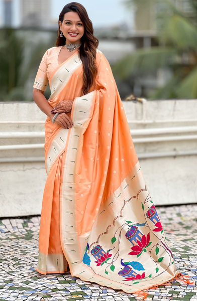 Salmon Orange Zari Woven Paithani Silk Saree