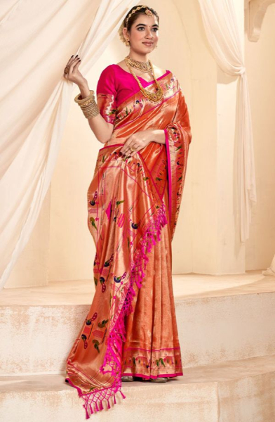 Salmon Orange Zari Woven Paithani Tissue Silk Saree