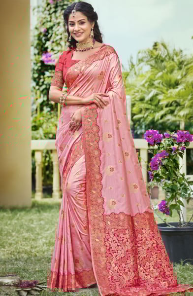 Salmon Pink Banarasi Silk Woven Work Saree