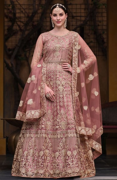 Salmon Pink Embroidered Net Designer Anarkali Suit