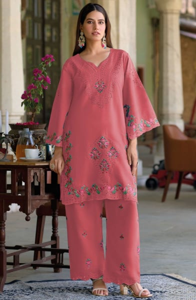 Salmon Pink Embroidered Roman Silk Co-Ord Set