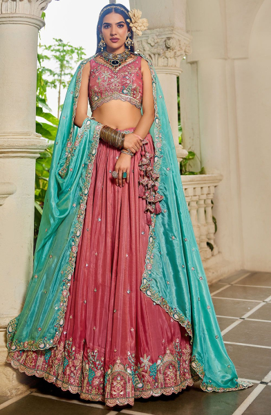Salmon Pink Embroidered Satin Designer Lehenga Choli