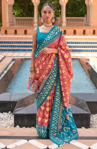 Salmon Pink Foil Print Smooth Silk Saree