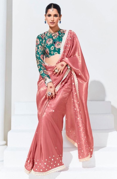 Salmon Pink Hand Embellished Organza Saree