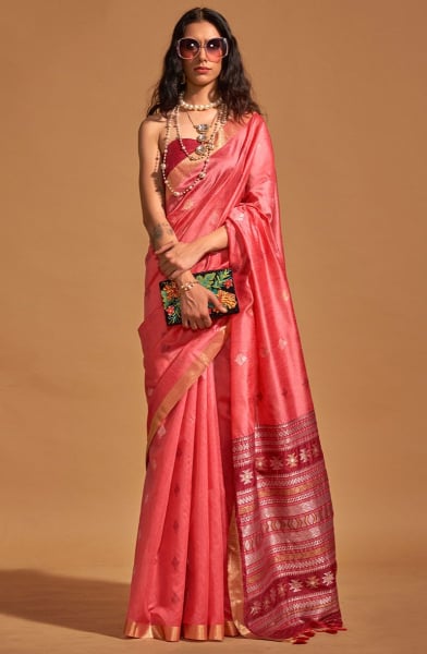 Salmon Pink Handloom Weaving Silk Saree