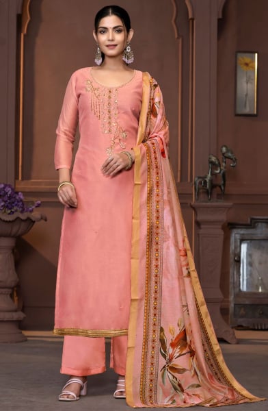 Salmon Pink Handwork Muslin Palazzo Kameez