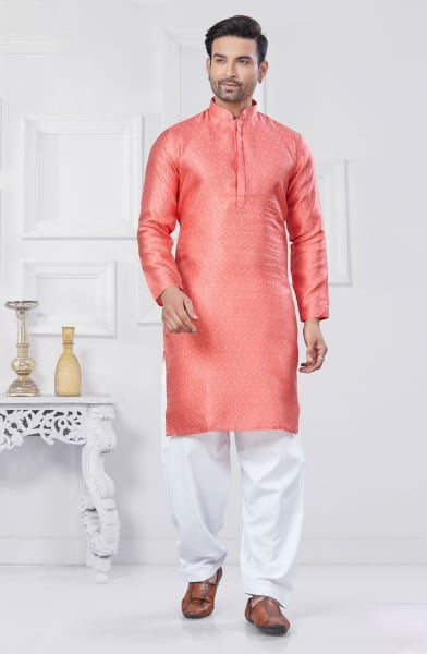 Salmon Pink Jacquard Silk Woven Kurta Set