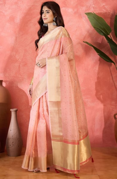 Salmon Pink Khadi Organza Woven Jacquard Saree