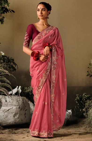 Salmon Pink Khatli Work Designer Saree for Ceremonial