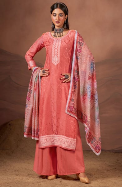 Salmon Pink Lakhnavi Weaving Silk Palazzo Kameez