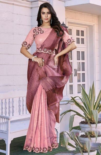 Salmon Pink Satin Silk Ready to Wear Saree