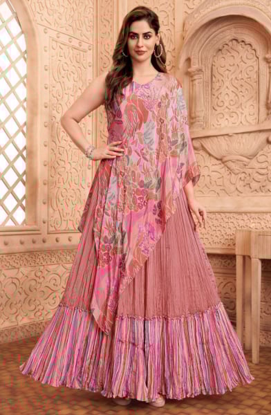 Salmon Pink Silk Gown with Dupatta