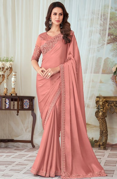 Salmon Pink Silk Saree with Embroidered Blouse