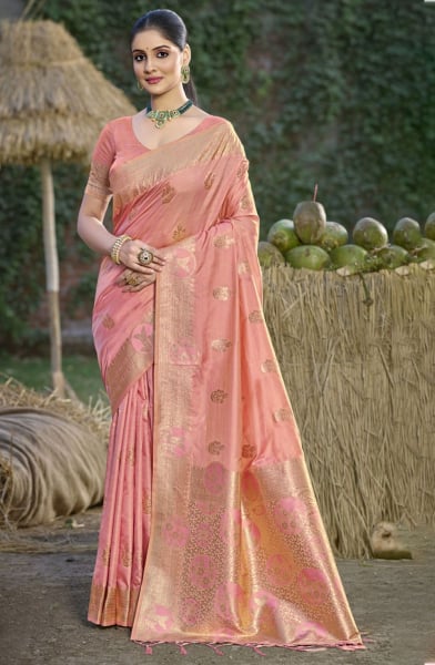 Salmon Pink Silk Woven Work Saree