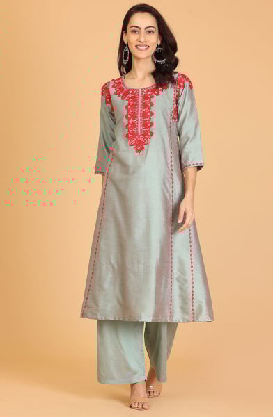 Sauf Green Cotton Silk Readymade Kurta with Bottom